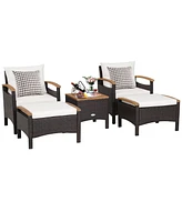 Gymax 5 Piece Pe Wicker Lounge Chair Outdoor Patio Rattan Furniture Set w/ Wood Tabletop Cushions