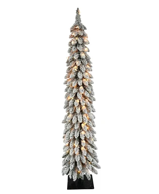 Puleo 6FT Pre-Lit Flocked Alpine Pencil Artificial Christmas Tree