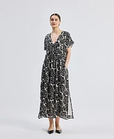 Reistor Women's Deep V-neck Maxi Dress with Front Gathers Black Florals