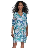 Calvin Klein Women's Floral 3/4-Flutter-Sleeve Shift Dress