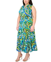 Msk Plus Printed Split-Neck Smocked-Waist Tiered Dress