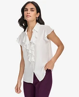 Calvin Klein Women's Collared Ruffled Short-Sleeve Blouse