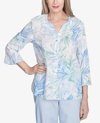 Alfred Dunner Petite St. Thomas Tropical Embroidered Button Front Top