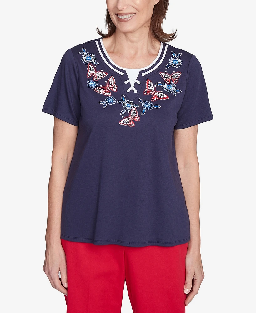 Alfred Dunner Petite Land of The Free Butterfly Criss-Cross Crew Neck Top