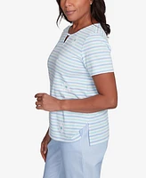 Alfred Dunner Petite St. Thomas Embroidered Daisy Striped Top