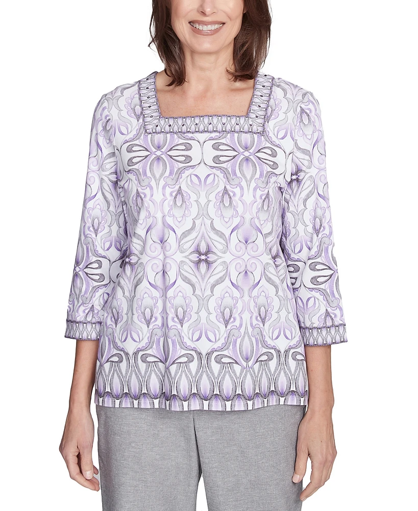 Alfred Dunner Petite Crystal Springs Border Medallion Kaleidoscope Top