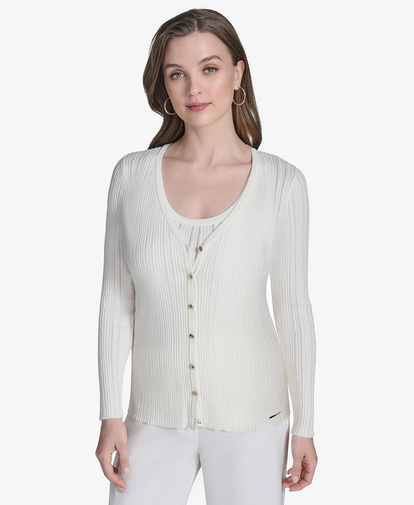 Halston Women's Ribbed Knit Button-Front Cardigan