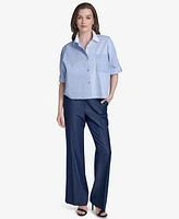 Halston Women's Striped Cotton Roll-Tab-Sleeve Button-Front Shirt