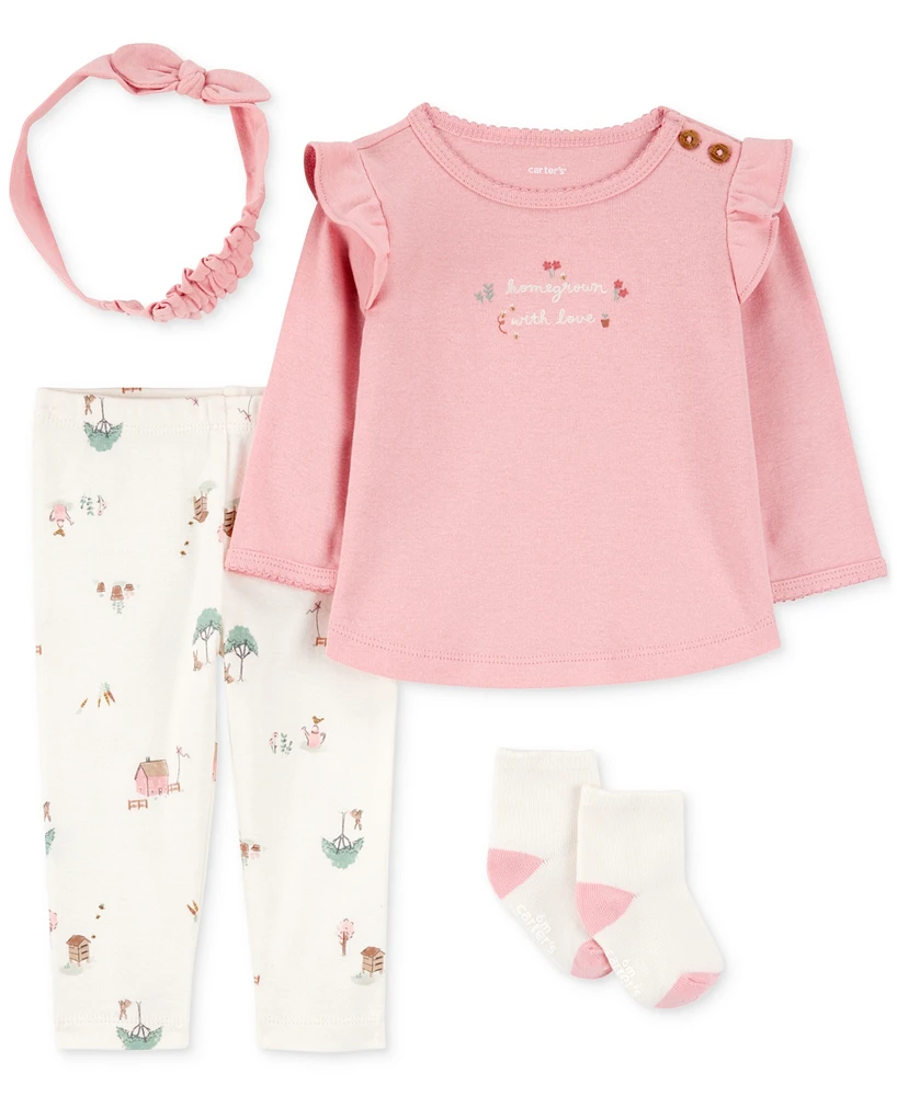 Carter's Baby Girls Barn-Print Pants, Top, Headwrap & Socks, 4 Piece Set