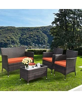 Gymax Set of 8 Outdoor Patio Rattan Conversation Furniture Set w/ Cushion Table