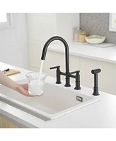 Modern Double Handle 4-Holes Deck Mount Bridge Kitchen Faucet with Side Sprayer Sink Faucet 360 Swivel Spout in Black