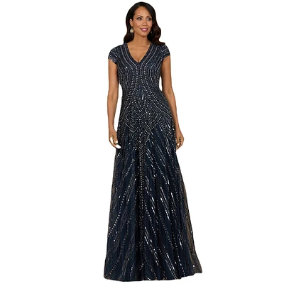 Lara Women's Cap Sleeve Beaded A-Line Gown