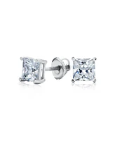 Bling Jewelry Classic Cubic Zirconia Square Cz Solitaire Stud Earrings Security Screw Back .925 Sterling Silver