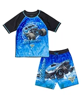 Monster Jam Boys Pullover Rash Guard and Swim Trunks Outfit Set