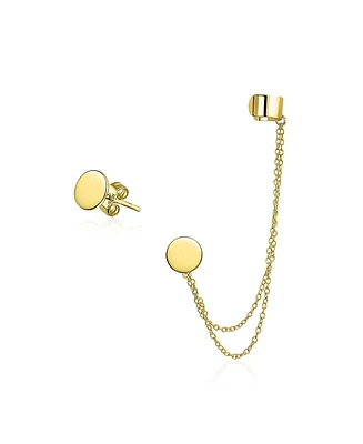 Bling Jewelry Flat Circle Disc Ear Lobe Cartilage Earring Clip On Helix Long Double Chain Band Wrap Cuff Stud Set Gold Plated .925 Sterlin