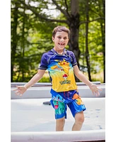 Pokemon Boys Pikachu Upf 50+ Rash Guard Swim Trunks Outfit Set to