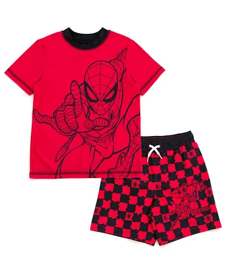 Spider-Man Boys Marvel Upf 50+ Rash Guard and Swim Trunks Outfit Set