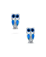 Bling Jewelry Opalescent Blue Created Opal Wide Eye Pet Animal Lucky Wise Bird Owl Stud Earrings .925 Sterling Silver
