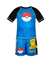 Pokemon Boys Pikachu Upf 50+ Rash Guard Swim Trunks Outfit Set to