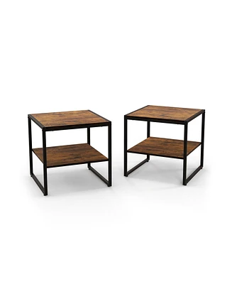 2 Pieces Industrial 2-Tier Side Table Set with Open Shelf