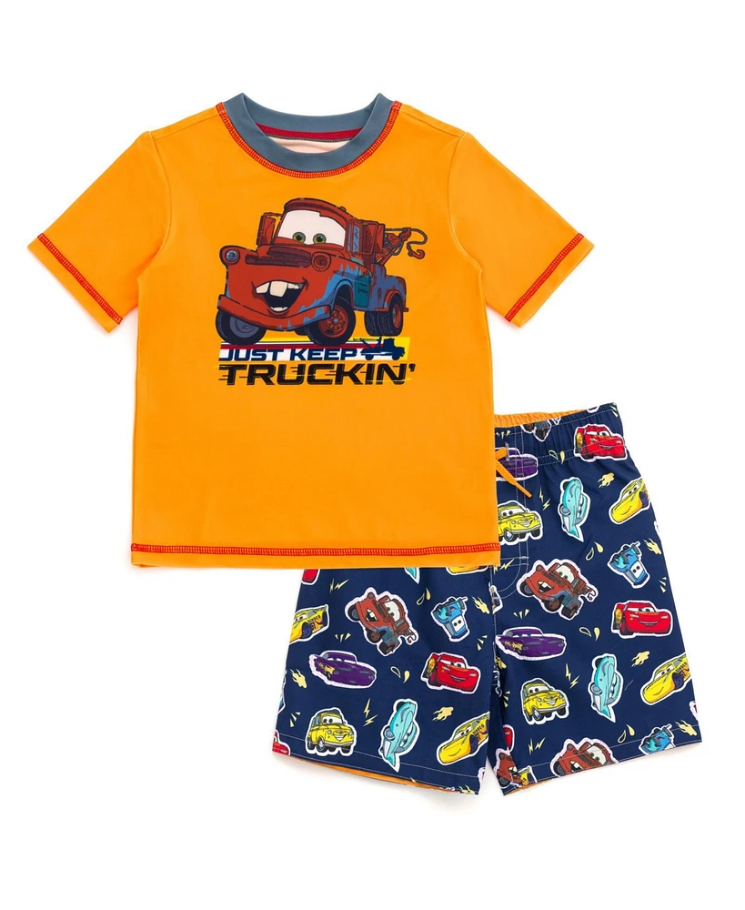 Cars Little Boys Disney Pixar Lightning McQueen Rash Guard and Swim Trunks Outfit Set