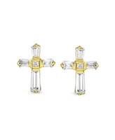 Bling Jewelry Accent Cz Baguette Cross Stud Earrings for Men in Yellow 14K Gold Sterling Silver