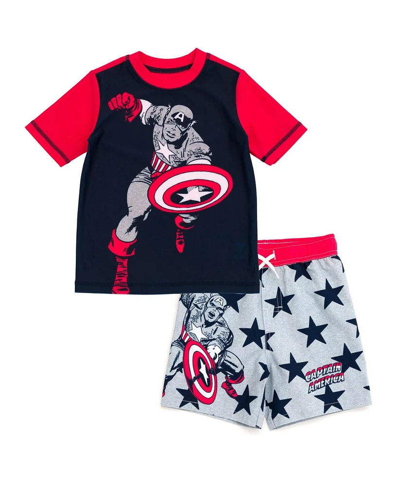 Avengers Boys Marvel Captain America Upf 50+ Rash Guard and Swim Trunks Outfit Set