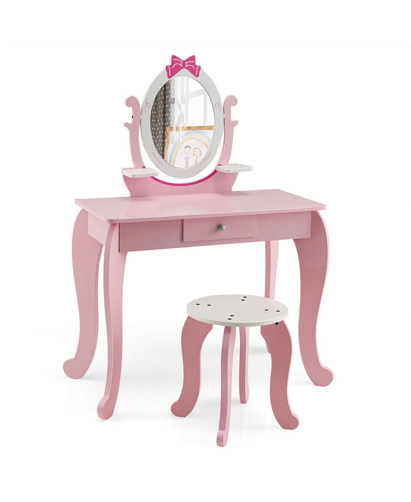 Kid Vanity Table Stool Set with Oval Rotatable Mirror