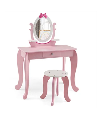 Kid Vanity Table Stool Set with Oval Rotatable Mirror