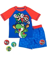 Nintendo Toddler Boys Super Mario Pullover Rash Guard and Swim Trunks with Removable Patches Outfit Set