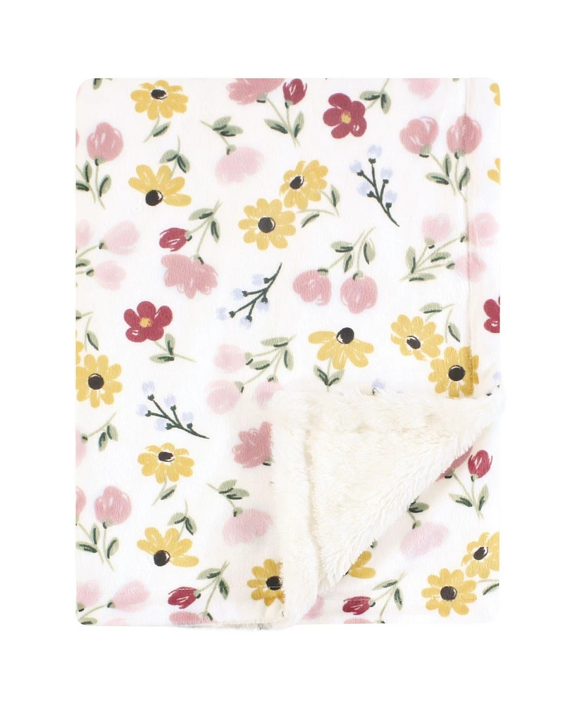 Hudson Baby Infant Girl Plush Blanket with Furry Binding and Back, Soft Painted Floral, One Size