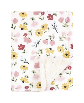 Hudson Baby Infant Girl Plush Blanket with Furry Binding and Back, Soft Painted Floral, One Size