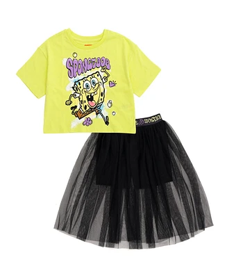 SpongeBob SquarePants Girls Cropped Boxy Drop Shoulder T-Shirt and Mesh Tulle Skort