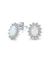 Bling Jewelry Estate Style Jewelry Oval Created White Opal Crown Halo Cz Stud Earrings .925 Sterling Silver 12MM