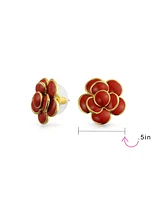 Bling Jewelry 3D Rose Flower Spring Retro Enamel Button Style Stud Earrings Gold Plated Brass