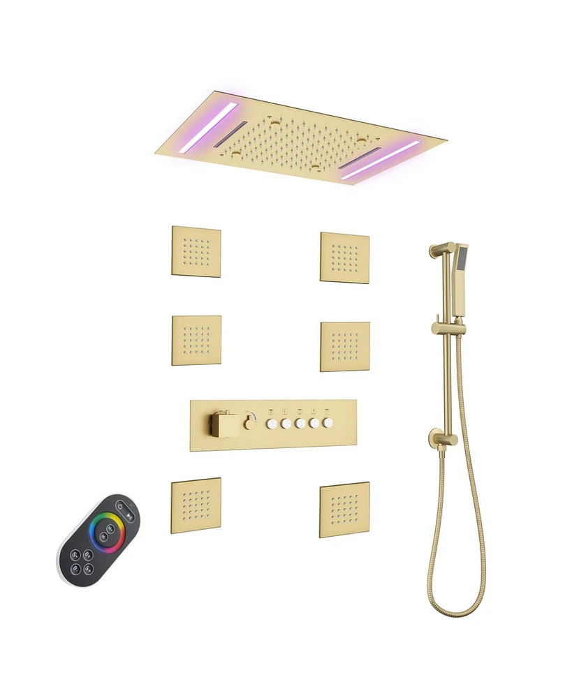 Mondawe Thermostatic Flush Ceiling Mounted Complete Shower System with Led Lights, Body Jets and Slide Bar