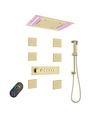 Mondawe Thermostatic Flush Ceiling Mounted Complete Shower System with Led Lights, Body Jets and Slide Bar