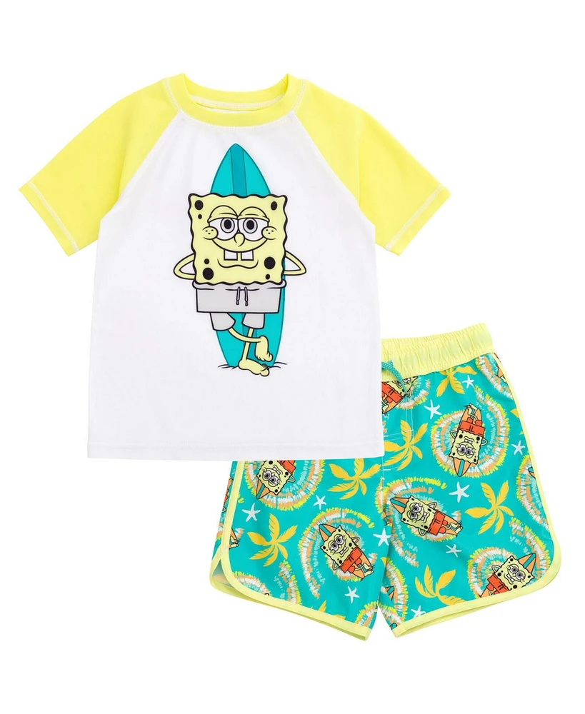 SpongeBob SquarePants Boys Surfboard Upf 50+ Rash Guard and Swim Trunks Outfit Set