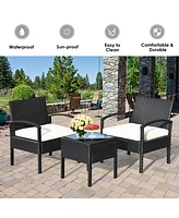 Gymax 3 Piece Patio Rattan Furniture Set Conversation Sofa w/ Cushions