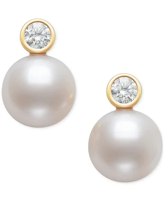 Belle De Mer Cultured Freshwater Pearl (8mm) & Diamond (1/5 ct. t.w.) Bezel Stud Earrings in 14k Gold