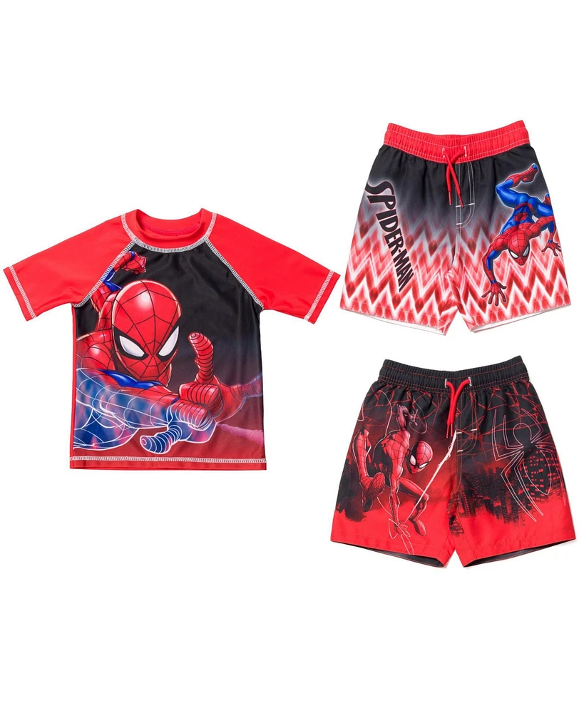 Spider-Man Boys Marvel Pullover Rash Guard and Swim Trunks to