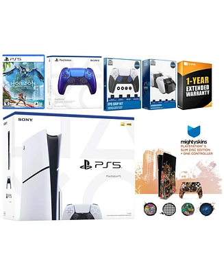 Sony Playstation 5 Slim Disc with Horizon Forbidden West, Extra Volcanic Red Controller, Fps Grip Kit, Charge Dock and MightySkins Decal Voucher + 1 Y