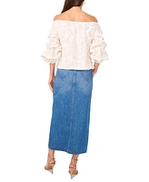Vince Camuto Women's Floral Embroidered Off-The-Shoulder Bubble 3/4-Sleeve Tie-Front Blouse