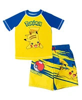 Pokemon Boys Pikachu Upf 50+ Rash Guard Swim Trunks Outfit Set to