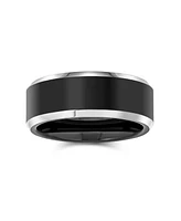Bling Jewelry Simple Black Couples Titanium Band Ring Silver Two Tone Beveled Edge Comfort Fit