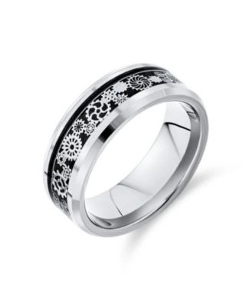 Bling Jewelry Mechanic Car Racer Ring Punk Rock Motorcycle Biker Jewelry Silver Black Titanium Rings Bands Steampunk Gear Wheel Carbon Fiber Inlay Beveled Edges Comfort Fit