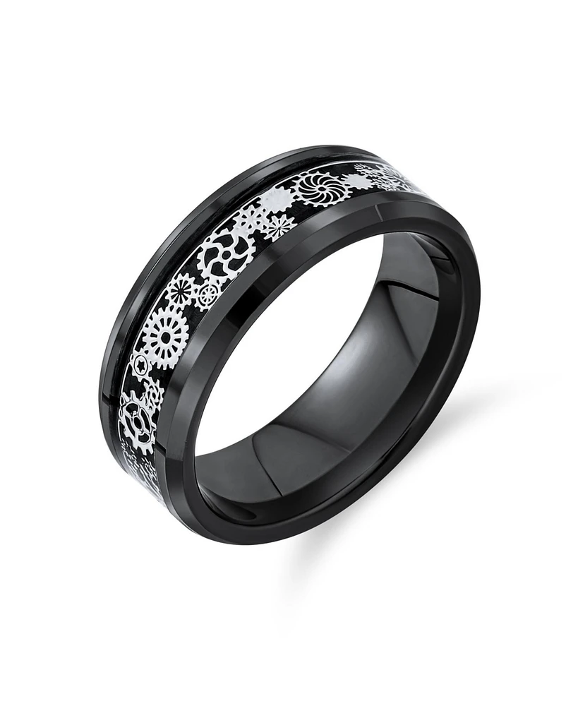 Bling Jewelry Mechanic Car Racer Ring Punk Rock Motorcycle Biker Silver Black Titanium Rings Bands Steampunk Gear Wheel Carbon Fiber Inlay Bev