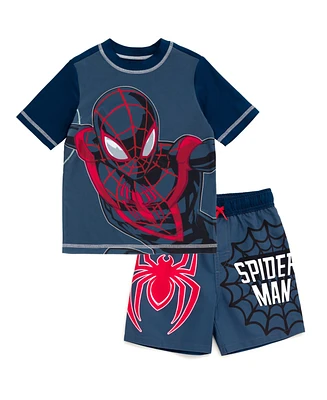 Spider-Man Boys Marvel Miles Morales Upf 50+ Rash Guard and Swim Trunks Outfit Set