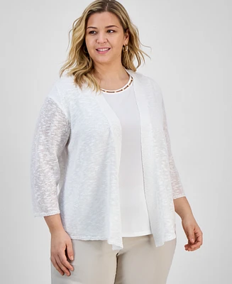 Kasper Plus Collarless Open-Front Cardigan Sweater