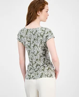 Kasper Women's Leaf-Print Tie-Waist Cap-Sleeve Top
